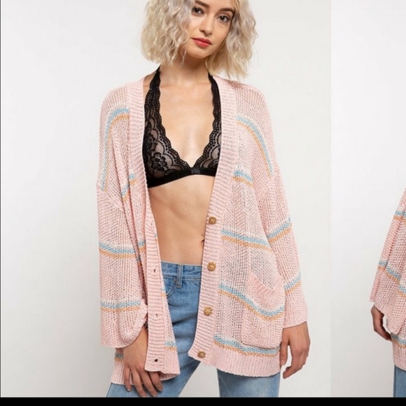 BNWOT POL Oversized Pink Striped Cardigan. - Picture 4 of 16